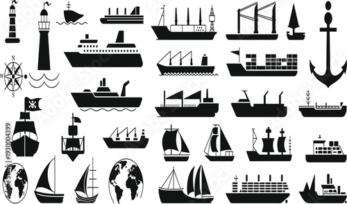 Black silhouette vector illustration of diverse maritime icons including ships, boats, anchors, lighthouses, compass rose, waves,