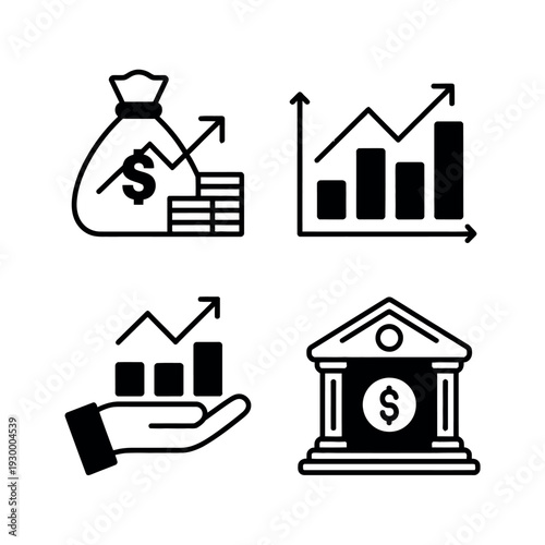 Financial growth icons include a bank, money bag, and rising bar charts for economic planning.