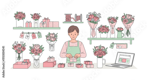 A florist wearing a green apron wraps pink gift boxes on a counter surrounded by flower bouquets in a retail shop.