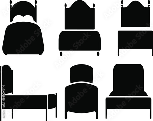 Vector set of six black bed silhouettes arranged in rows for bedroom furniture design representing different styles of sleeping accommodations and modern interior decor concepts.