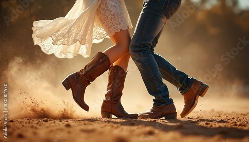 Couple in cowboy boots dances raising dust. Woman wears lace dress, man in jeans. They move dynamically on sandy ground with visible motion blur. Outdoors setting.
