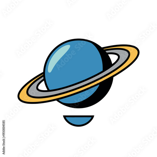Stylized depiction of a large blue planet with prominent orbiting rings against a white background.