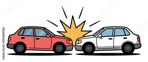 Two cartoon sedans collide head-on creating a bright yellow impact graphic.