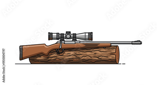 A detailed illustration of a bolt action hunting rifle with a mounted scope resting horizontally on a cut wooden log over white.