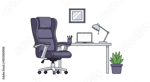 A modern workspace illustration featuring a purple rolling office chair next to a white desk with a laptop lamp and a plant.