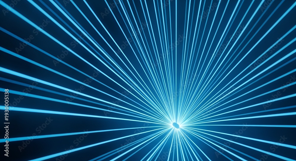 Fototapeta premium Vibrant blue light rays emanating from a central point in a dark space