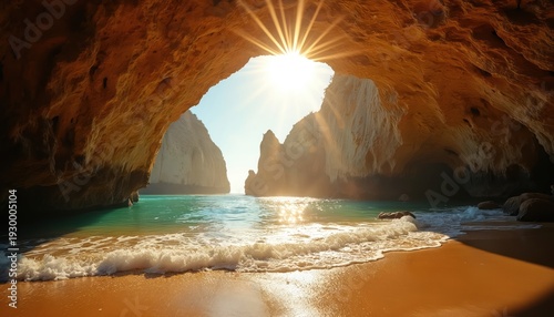 Sun shines through cave entrance onto ocean beach with turquoise water. Waves lap golden sand shore. Cliffs frame view of bright sky and calm sea.