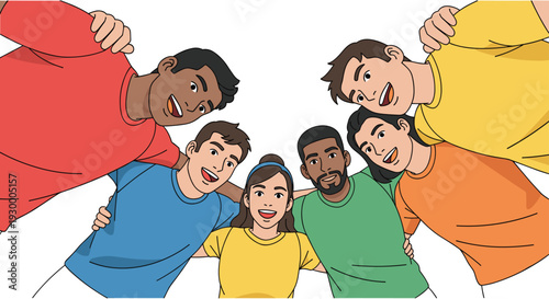 Seven diverse young people in colorful t-shirts look down into the camera while standing in a tight huddle against a white background.