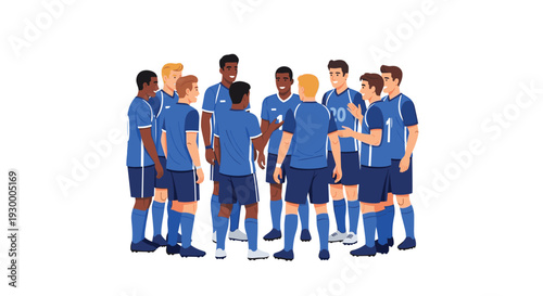 Eleven male soccer players in matching blue uniforms stand in a huddle on a white background during a team strategy session.
