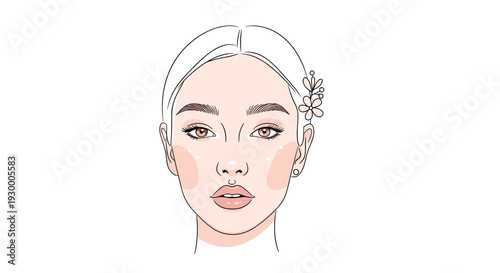 A minimalist line art illustration shows a young woman's face with pink blush and a small flower in her hair against a plain white background.