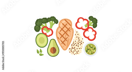 A flat lay illustration shows a healthy meal featuring grilled chicken breast broccoli avocado red peppers and quinoa arranged on a white background.
