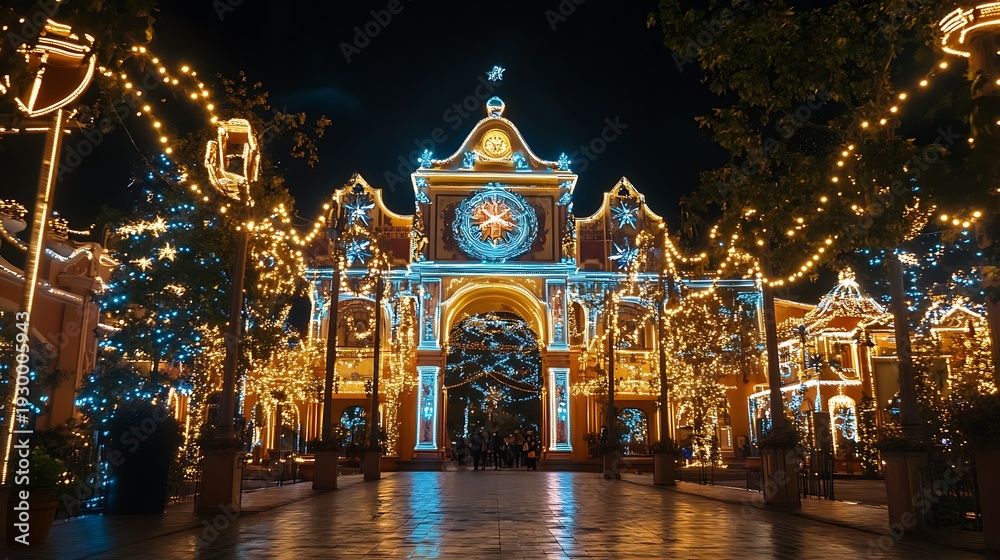 Obraz premium Festive illuminated architectural structure at night with bright lights