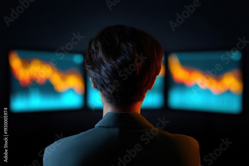 Businesswoman analyzing digital investment portfolio in dark office environment
