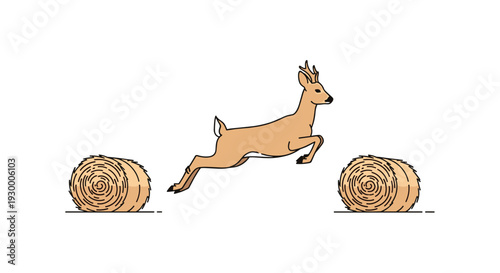 A light brown deer with antlers jumps through the air between two large round hay bales on a white background with simple ground lines.
