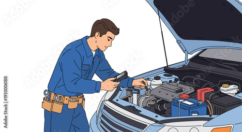 A mechanic wearing a blue jumpsuit uses a handheld diagnostic tool to inspect the engine of a car with its hood open on a white background.