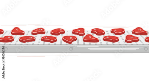 Multiple pieces of raw red meat with white marbling move along a grey industrial conveyor belt system against a plain white background.