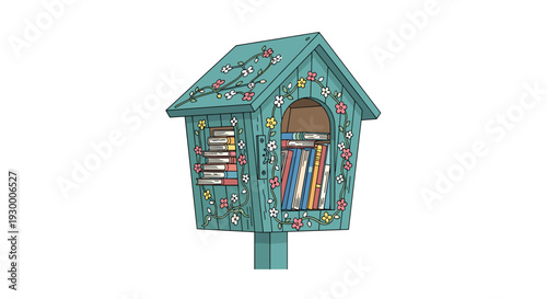 A decorative teal wooden book box mounted on a post features painted floral vines and contains a collection of colorful books inside.