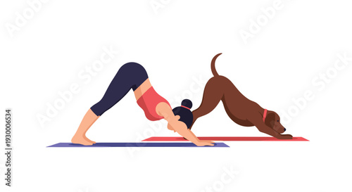 A woman in athletic wear and a brown dog perform the downward dog yoga pose on separate colorful mats against a white background.