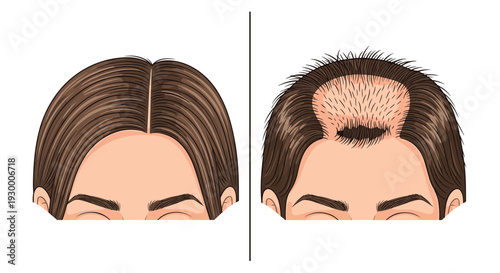 A side by side comparison illustration shows a person with a full head of brown hair next to a person experiencing male pattern baldness.