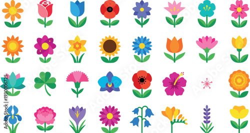 A vibrant collection of various stylized flat design flower icons arranged in a grid pattern on a white background, showcasing a wide array of blossoms.