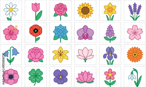 A grid of 24 colorful and diverse stylized flower icons, including daisies, tulips, roses, sunflowers, and more, presented on a white background.