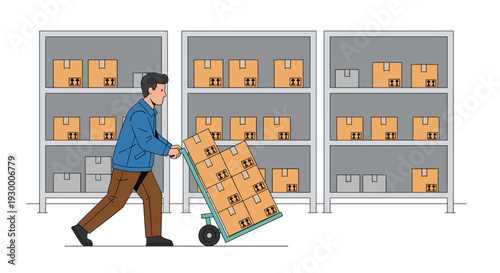 A warehouse worker wearing a blue jacket and brown trousers pushes a green hand truck stacked with cardboard boxes past tall gray storage shelves.