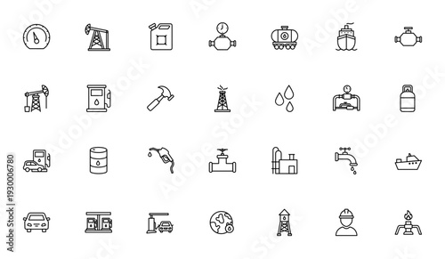 Petroleum icon set. Vector symbols for oil industry, petrol station, pipeline, pumpjack, tanker, and more. Editable stroke icons.