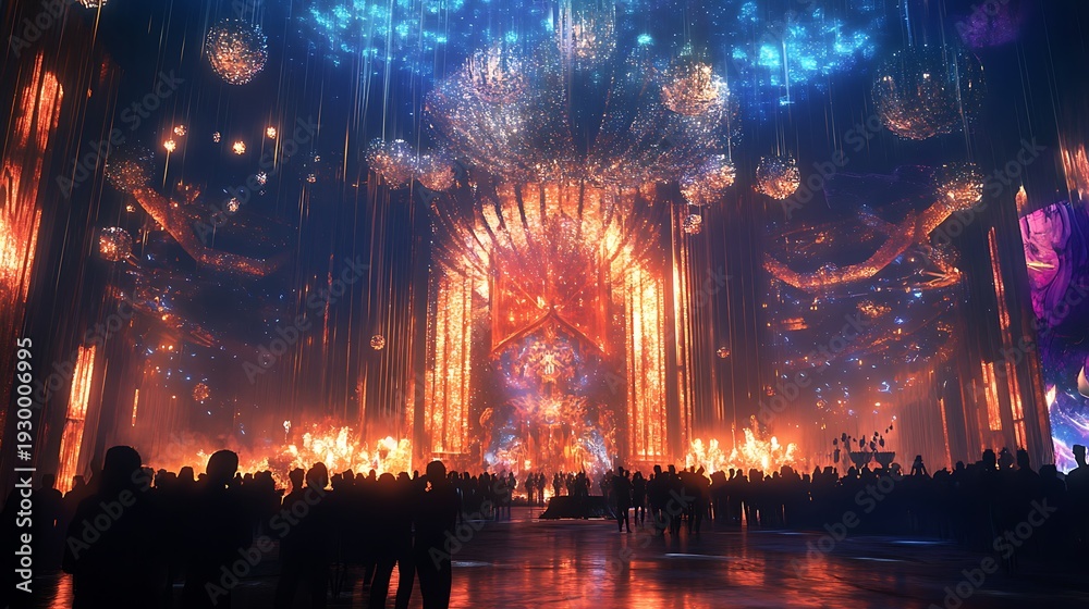 Obraz premium Large ornate hall interior illuminated with vibrant colors and crowd silhouettes