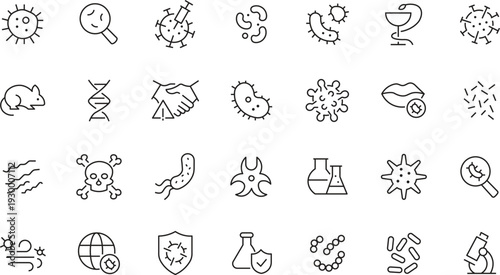 Virus and Bacteria Line Icons Set with Microbiology, Medical Research, Infection, Laboratory and Healthcare Editable Stroke Vector Collection