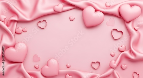 Pink silk fabric background with floating hearts for romantic occasions