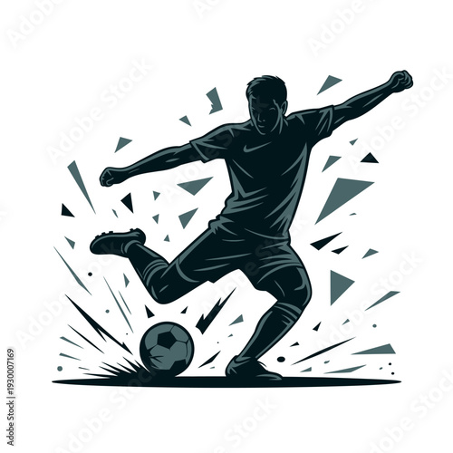 Silhouette of a soccer player powerfully kicks a ball amidst sharp, energetic motion graphics.