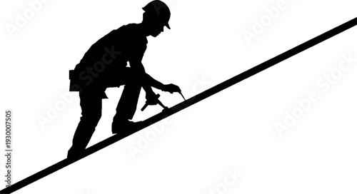 Minimalist Silhouette of a Technician in Helmet Installing Solar Panels on a Roof