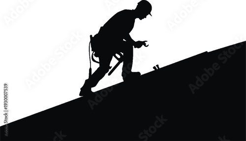 Minimalist Silhouette of a Technician in Helmet Installing Solar Panels on a Roof