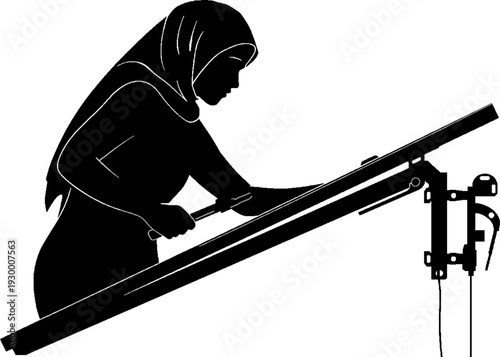 Minimalist Silhouette of a Technician in Helmet Installing Solar Panels on a Roof