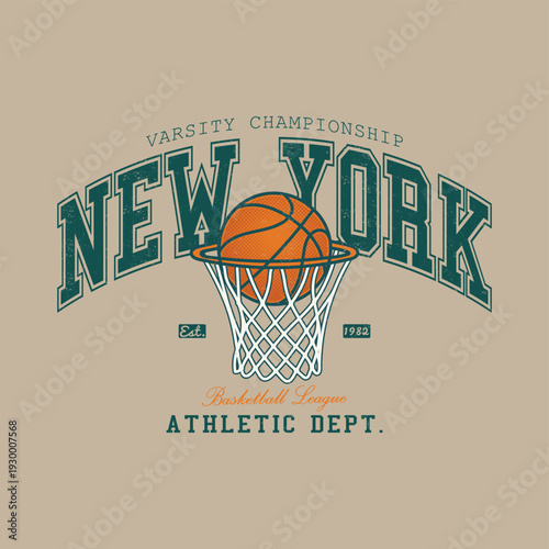 Vintage New York Basketball Athletic Dept. Illustration - Retro Varsity Championship Graphic with Basketball Hoop and Ball - Est. 1982 New York Basketball League Apparel T-Shirt Design Art