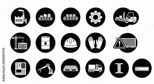 Essential vector icon set for industrial manufacturing, supply chain logistics, and workplace safety, featuring modern symbols for business and technology graphic design