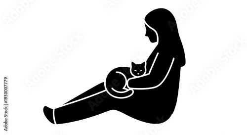 Woman sitting with cat in her lap, relaxed pose, black silhouette.