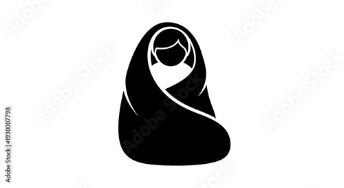 Simple black and white illustration of a person wrapped in a shawl or hijab.