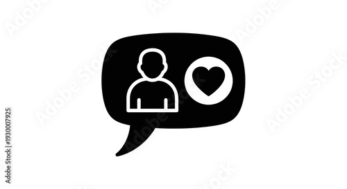 Simple black speech bubble icon with person and heart symbolizing communication and love.