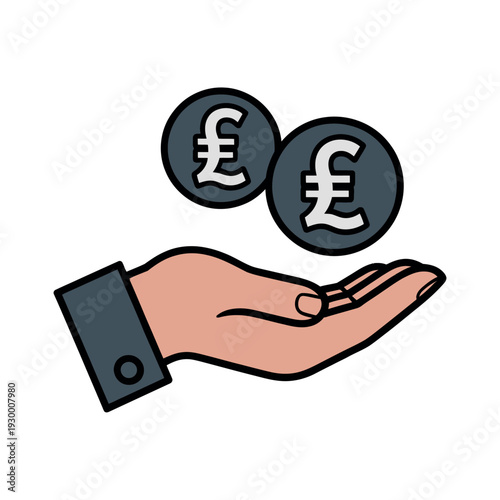 Hand holding two British Pound sterling coins demonstrates financial transaction or monetary savings.