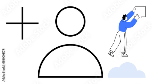 User profile creation. User profile graphics with add symbol and cartoon figure interacting with cloud features. User profile management tools and online registration processes. digital identity