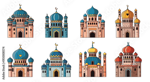 Set of colorful mosque and palace building illustrations