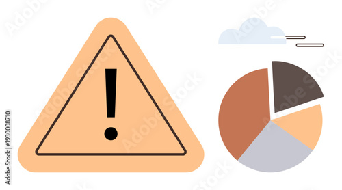 Risk management, data analysis, financial statistics, warnings, graphic design, business strategy. Warning triangle with exclamation mark and pie chart. Risk management and data analysis concepts