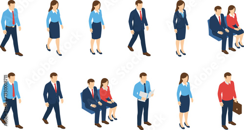 Business people walking and sitting collection, professional office workers in formal attire, corporate team characters isolated on white background, flat vector illustration set