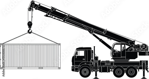 Mobile truck crane lifting shipping container, heavy construction equipment silhouette, industrial cargo transport and logistics illustration isolated on white background
