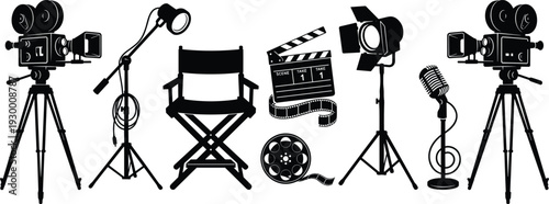 Film production equipment silhouette set with vintage cameras, director chair, studio lights and clapperboard, cinema filmmaking illustration isolated on white