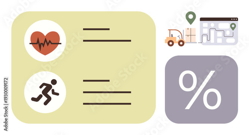 Health monitoring, fitness tracking, logistics management, map tools, analytics, planning. Icons of heart, runner percentage and map with vehicle. Health monitoring and fitness tracking concepts