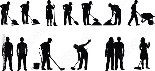 Collection of cleaning service worker silhouettes with janitors sweeping mopping vacuuming and pushing wheelbarrow isolated on white background for maintenance and housekeeping concepts