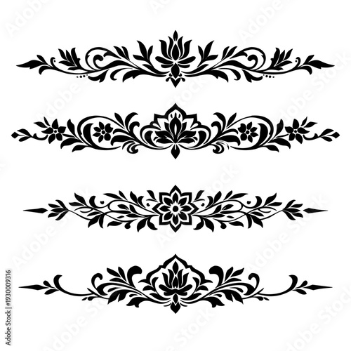 Black Floral Horizontal Border Bundle Set with Vintage Decorative Ornaments