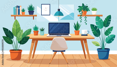 Modern Office Desk with Computer and Plants 1.